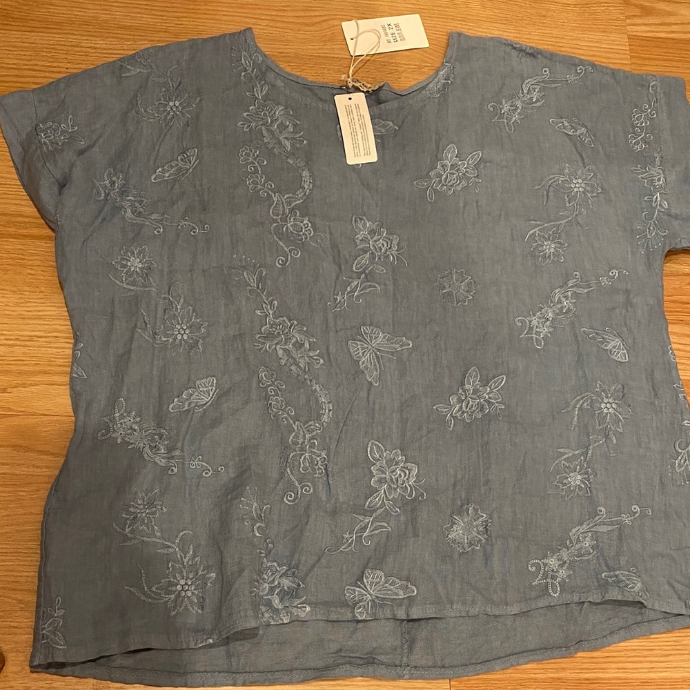 New Embroidered  linen Blue Women's Top 2 X Italy
